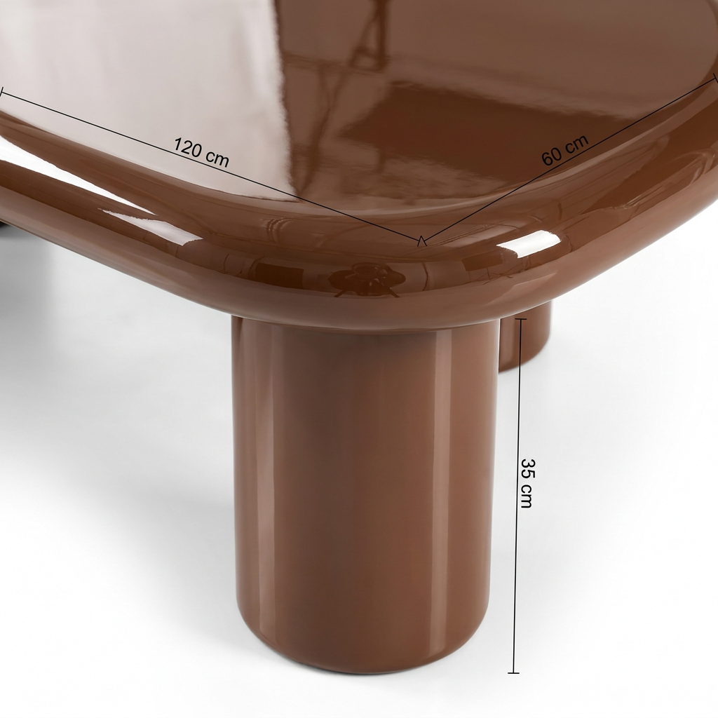 Detail of the Vito table’s glossy rounded edge and cylindrical leg