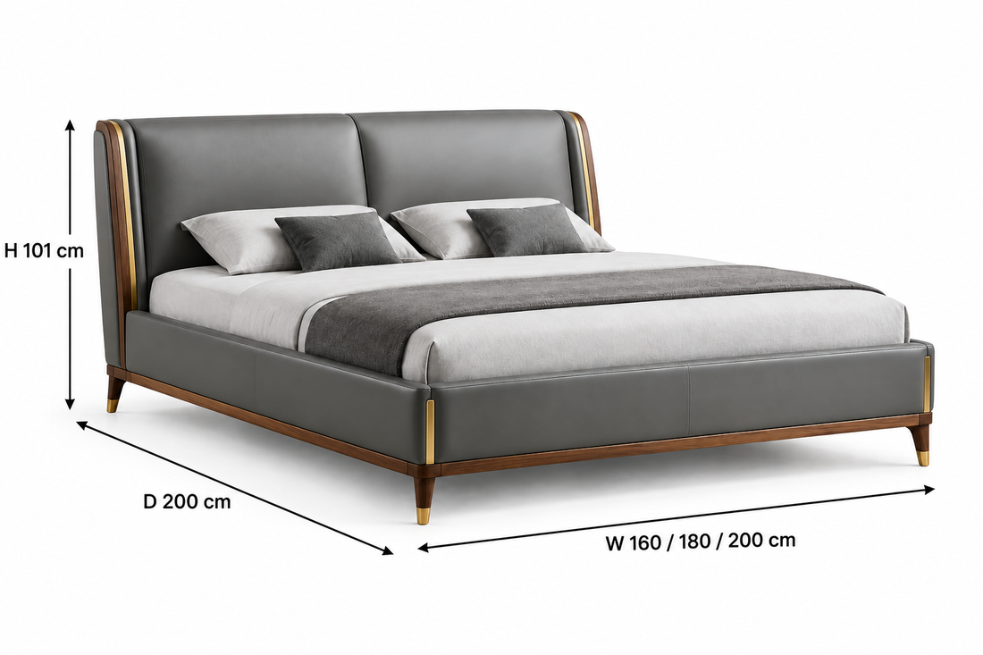 Dimension guide showing 101 cm height, 200 cm depth, and 160, 180, or 200 cm width options