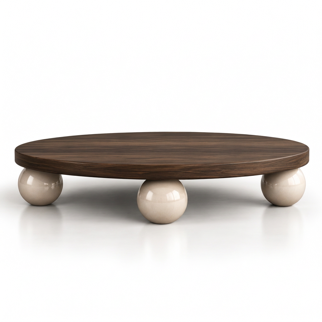 Doro walnut and ivory sphere-base coffee table, front view on white