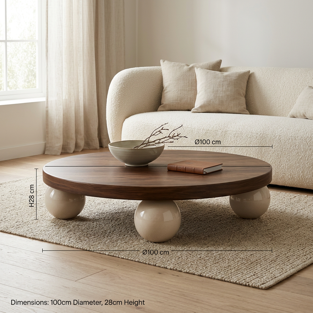 Doro walnut and ivory sphere-base coffee table styled in a living room