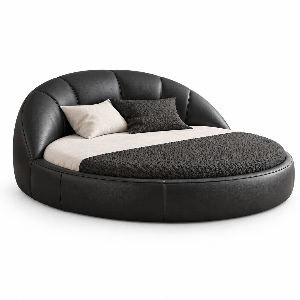 Elara black PVC faux-leather bed on a white background