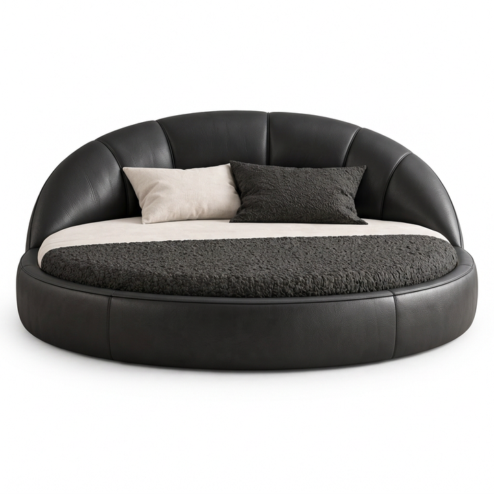 Elara black round upholstered bed, front view on a white background