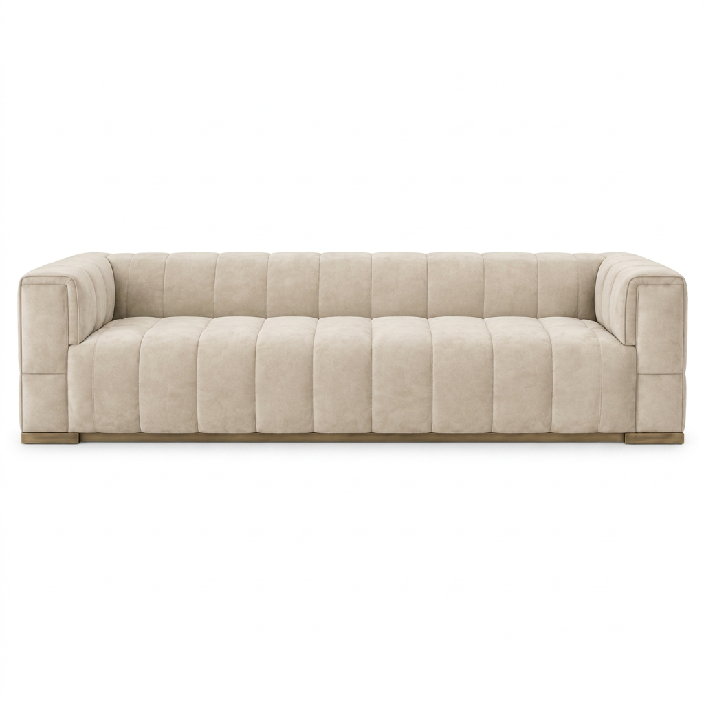 Elara Suede Sofa, straight-on front view on a white background