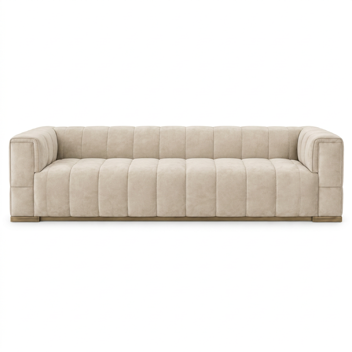 Elara Suede Sofa, straight-on front view on a white background