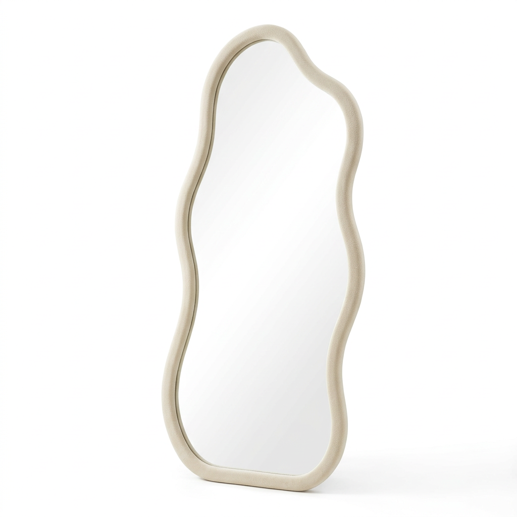 Elevated front view of the Aurelia mirror’s curved upper frame