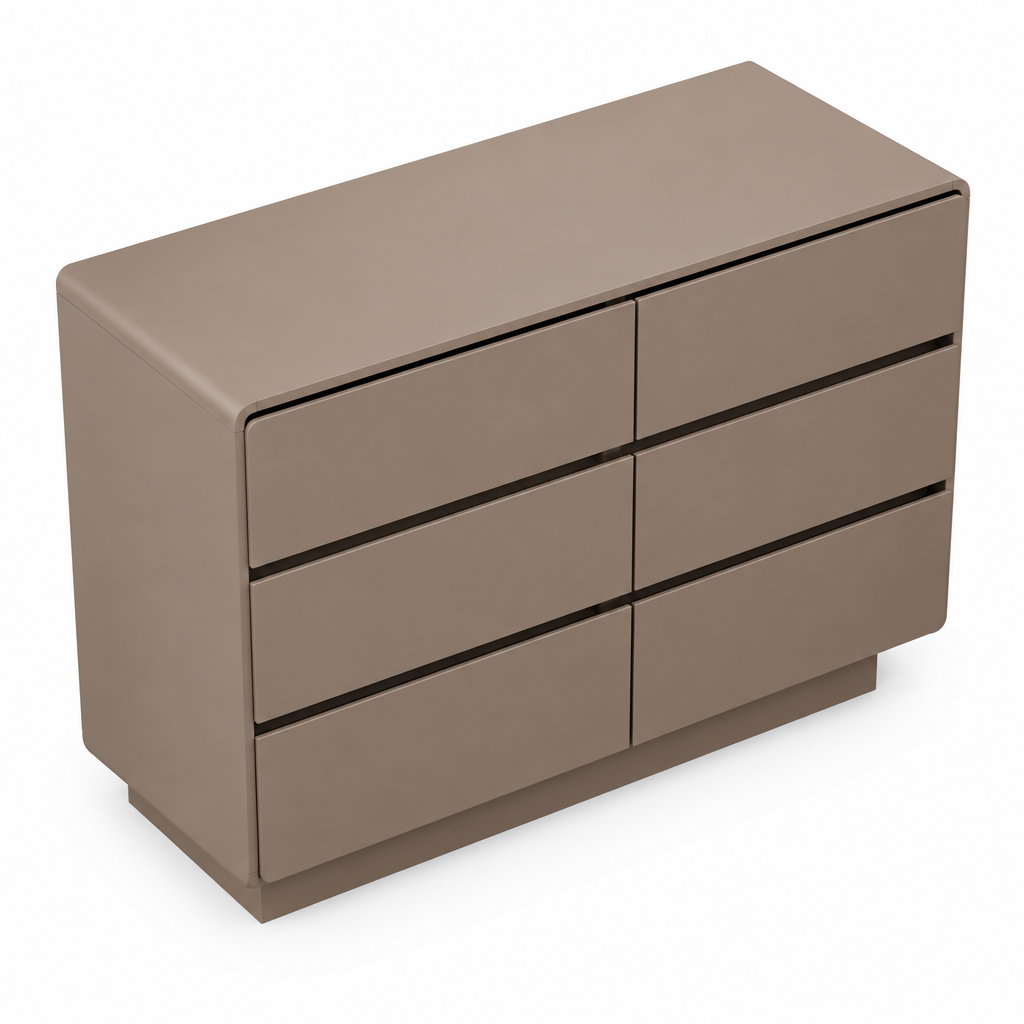 Elevated top view of the Aster dresser showing its taupe surface and rounded corners