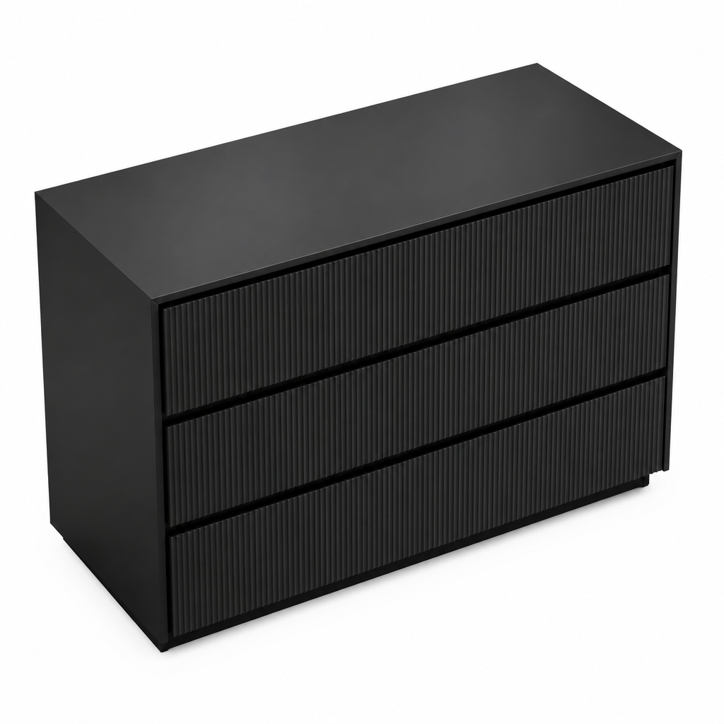 Elevated top view of the Isola dresser showing its matte black surface