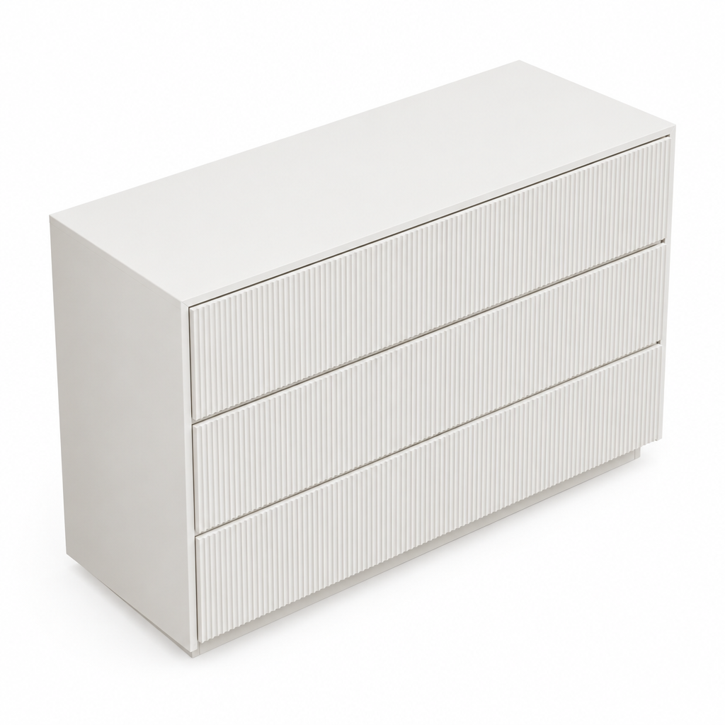 Elevated top view of the Isola dresser showing its matte white surface
