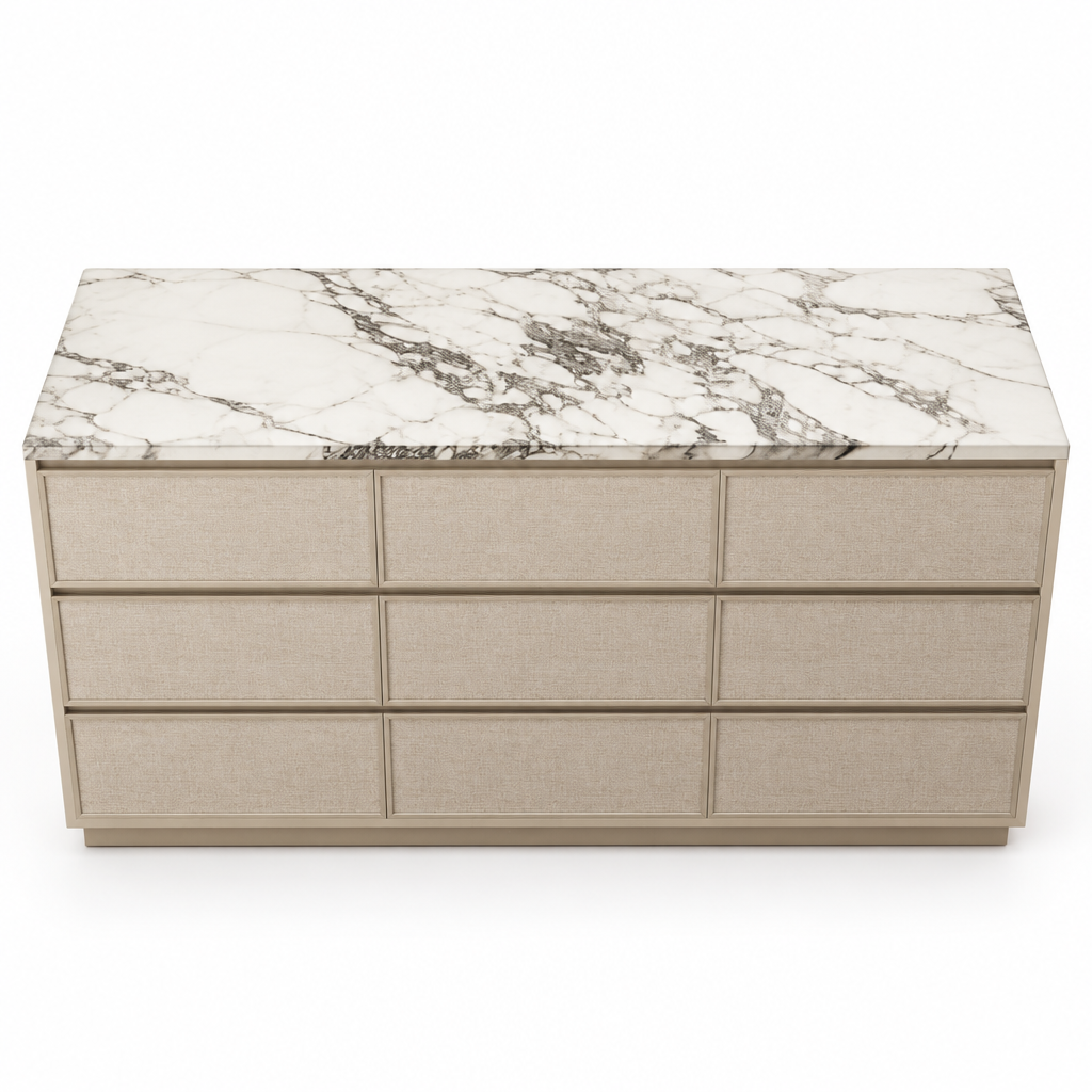 Elevated view of the Calista dresser’s Arabescato marble top on white