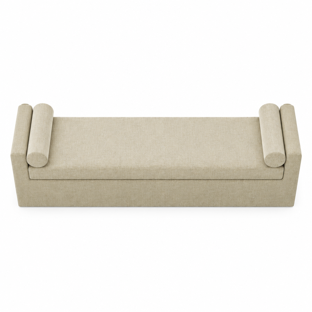 Elevated view of the Camille bench’s padded seat and bolster cushions