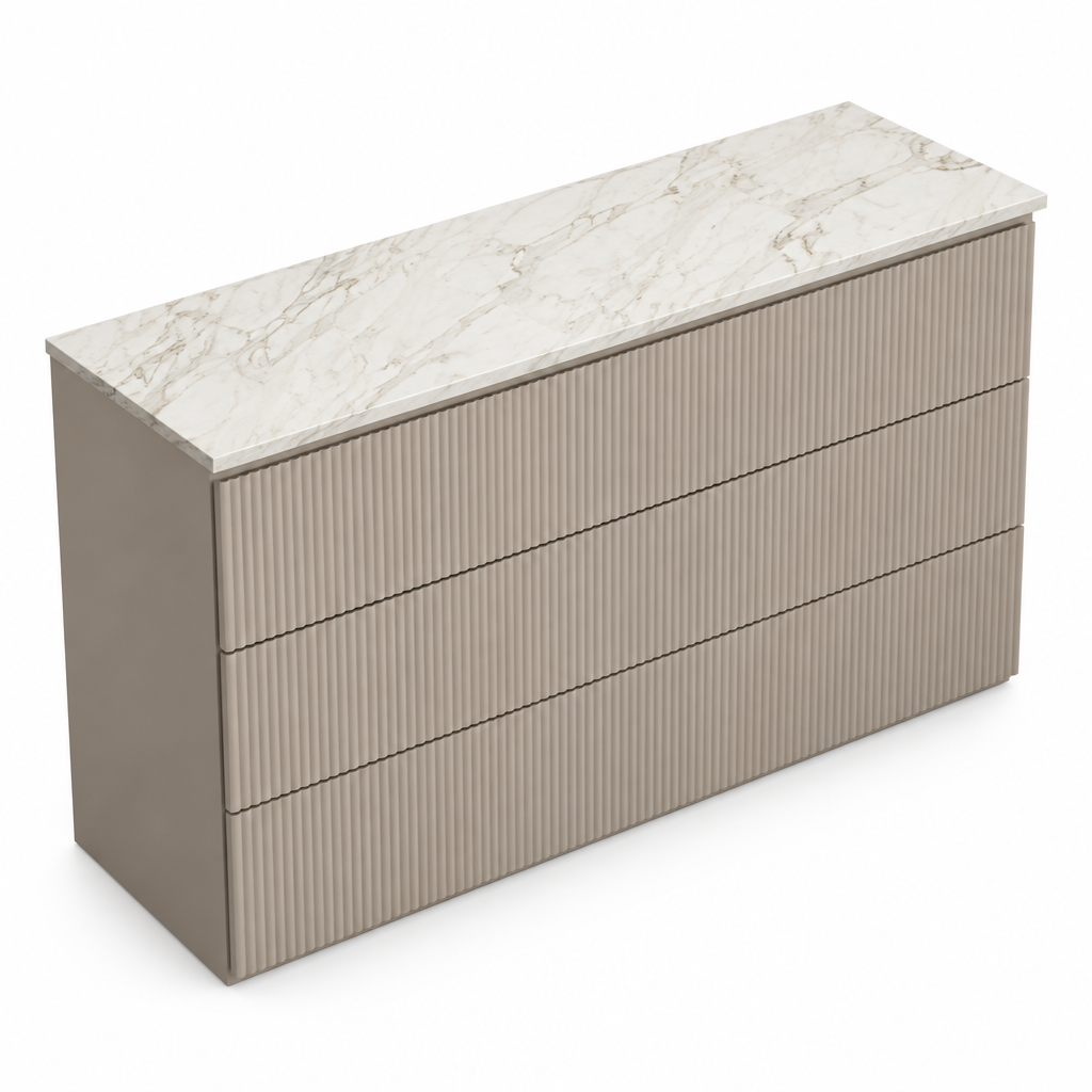 Elevated view of the Evelise dresser’s Volakas marble top on white