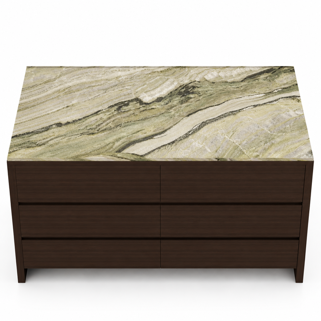 Elevated view of the Lennox dresser’s Shangri La marble top