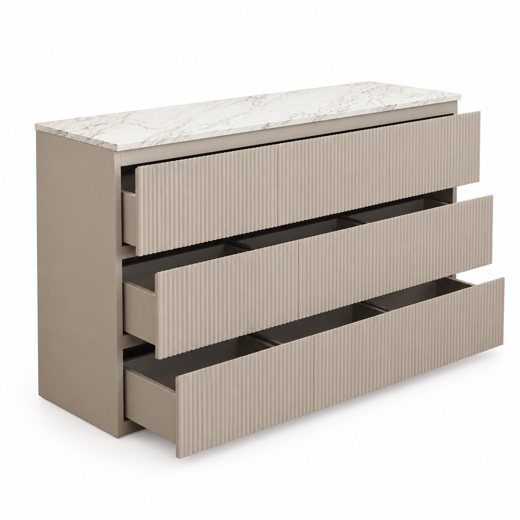 Evelise dresser, side-angle view with open drawers on white