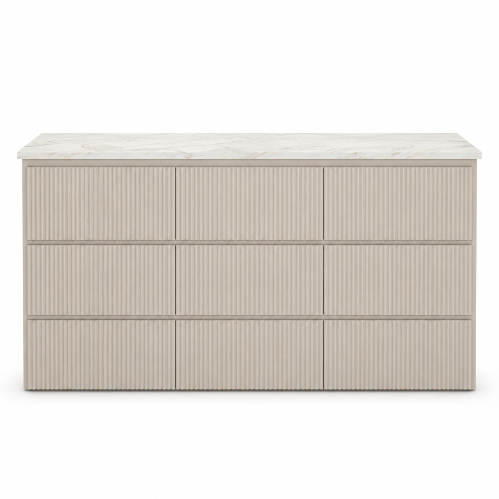 Evelise fluted dresser with Volakas marble top, front view on white