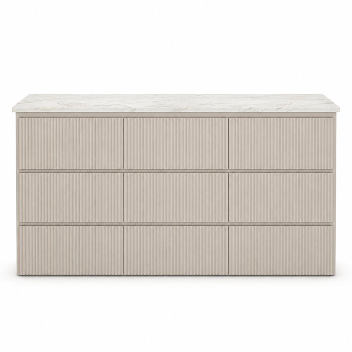 Evelise fluted dresser with Volakas marble top, front view on white