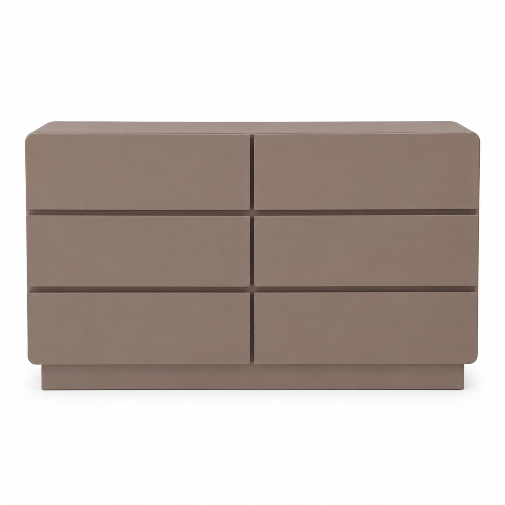 Front view of the Aster taupe six-drawer dresser on white