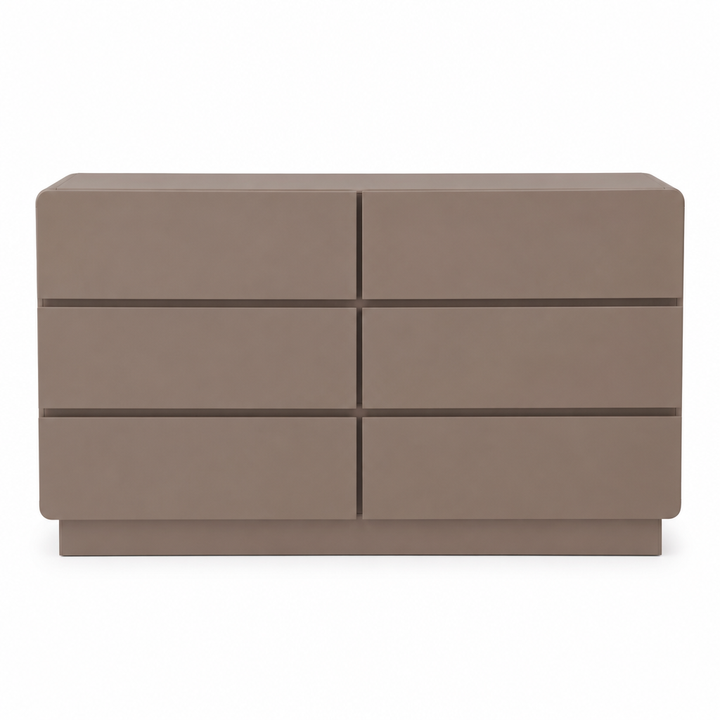 Front view of the Aster taupe six-drawer dresser on white