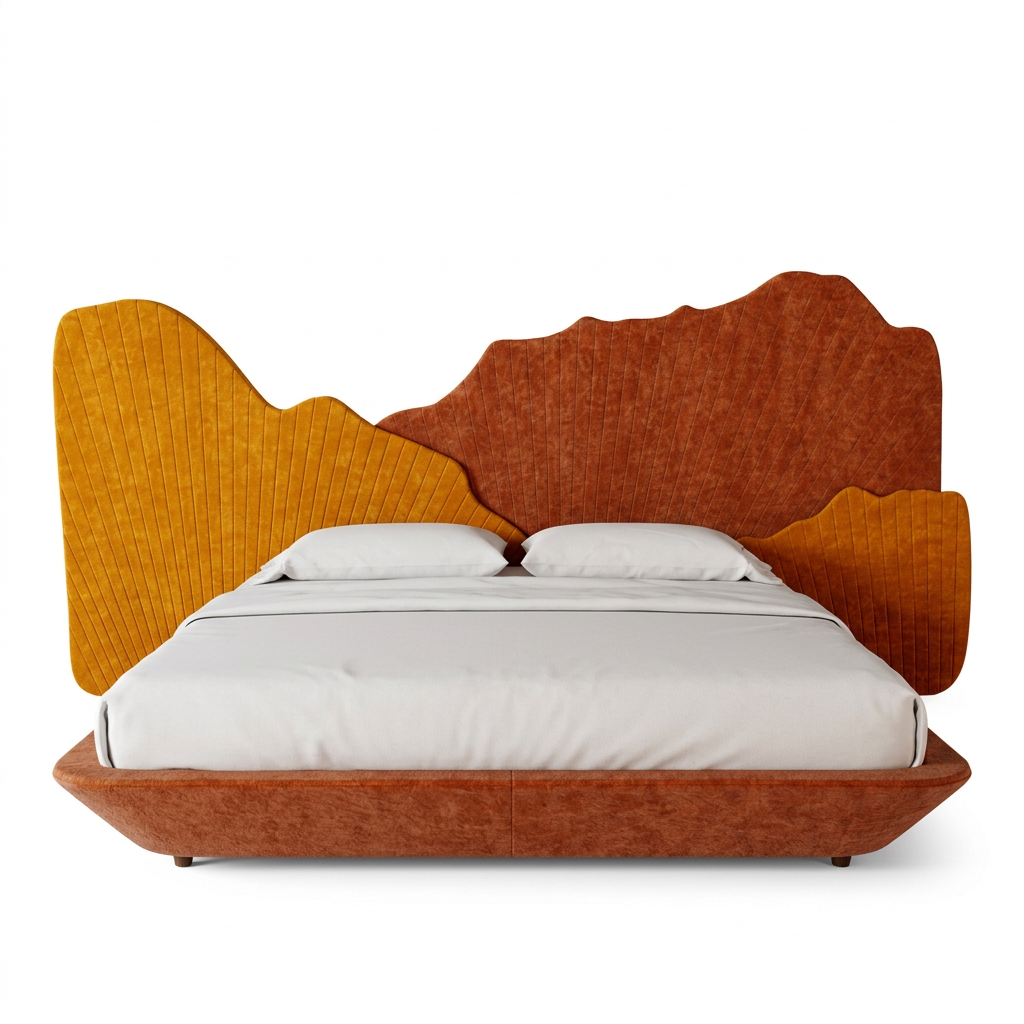 Ginko sculptural upholstered bed, front view on a white background