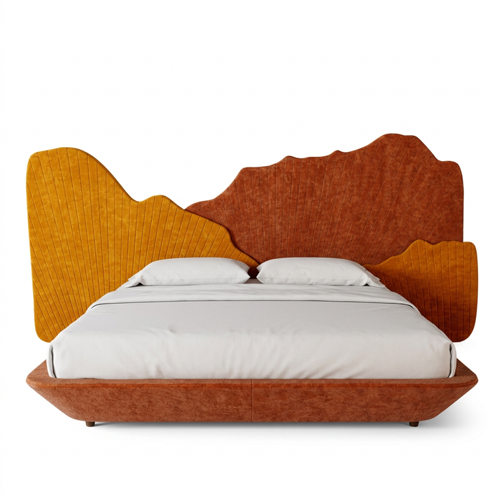 Ginko sculptural upholstered bed, front view on a white background