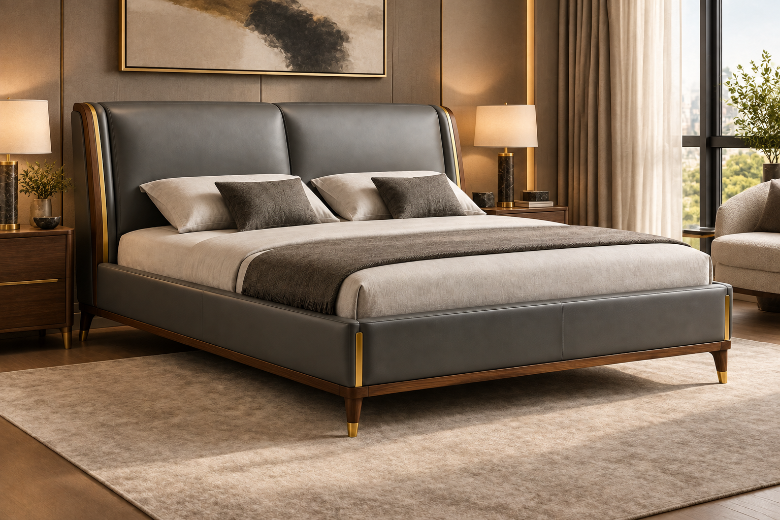 Gray leather Elisabeth bed with golden accents styled in a softly lit luxury bedroom