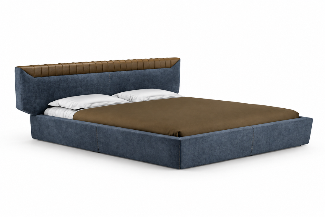 Libra navy-blue and brown leather bed on a white background