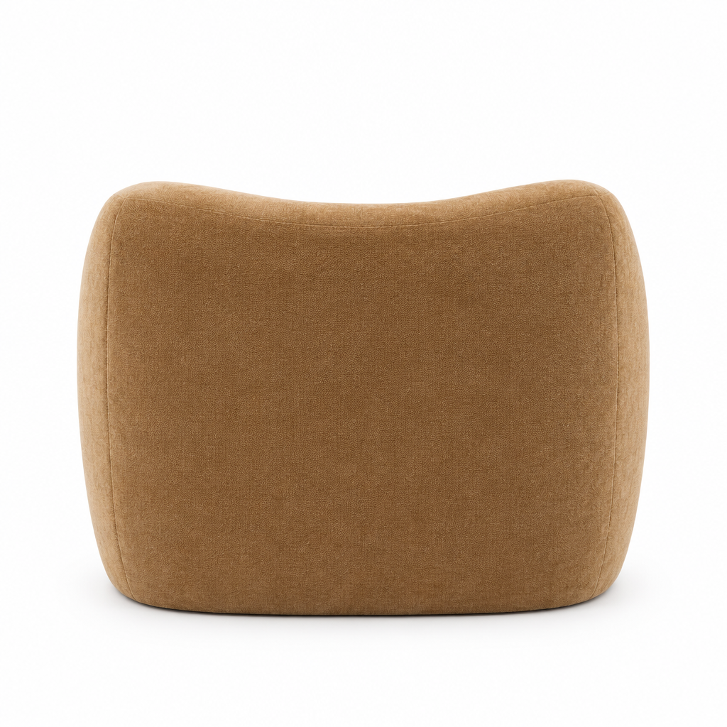 Luma Curved Velvet Arm Chair rear view in camel on white