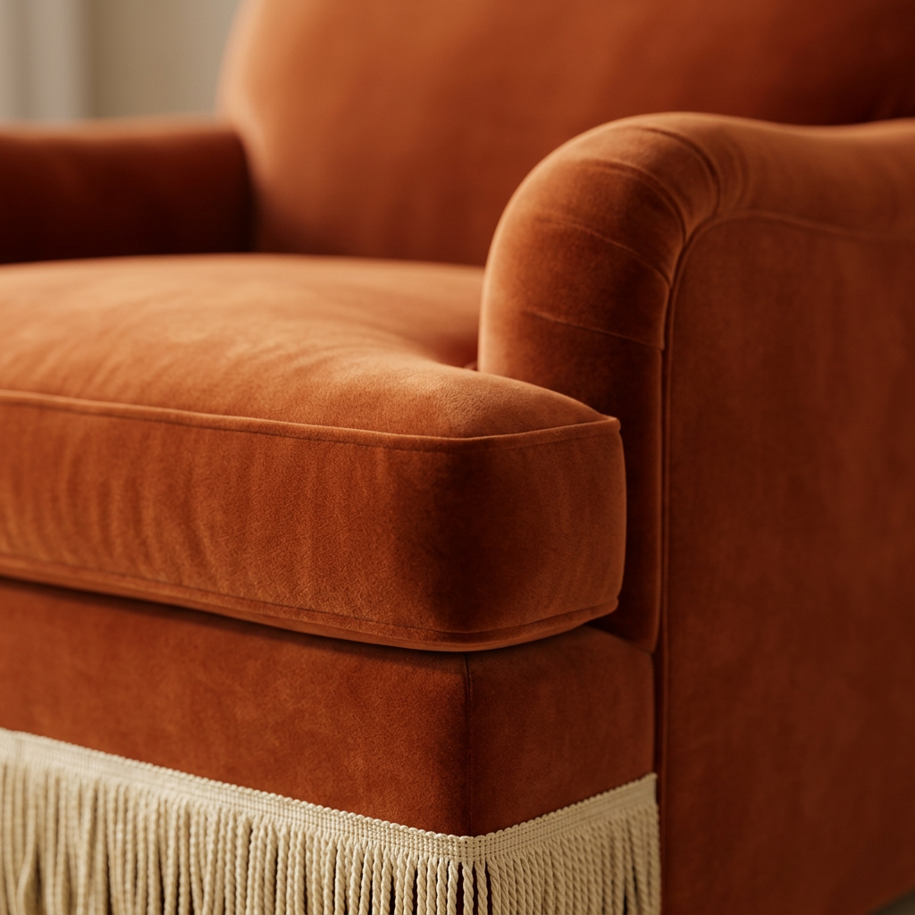 AI-generated close-up of Aveline rust velvet upholstery and cream fringe
