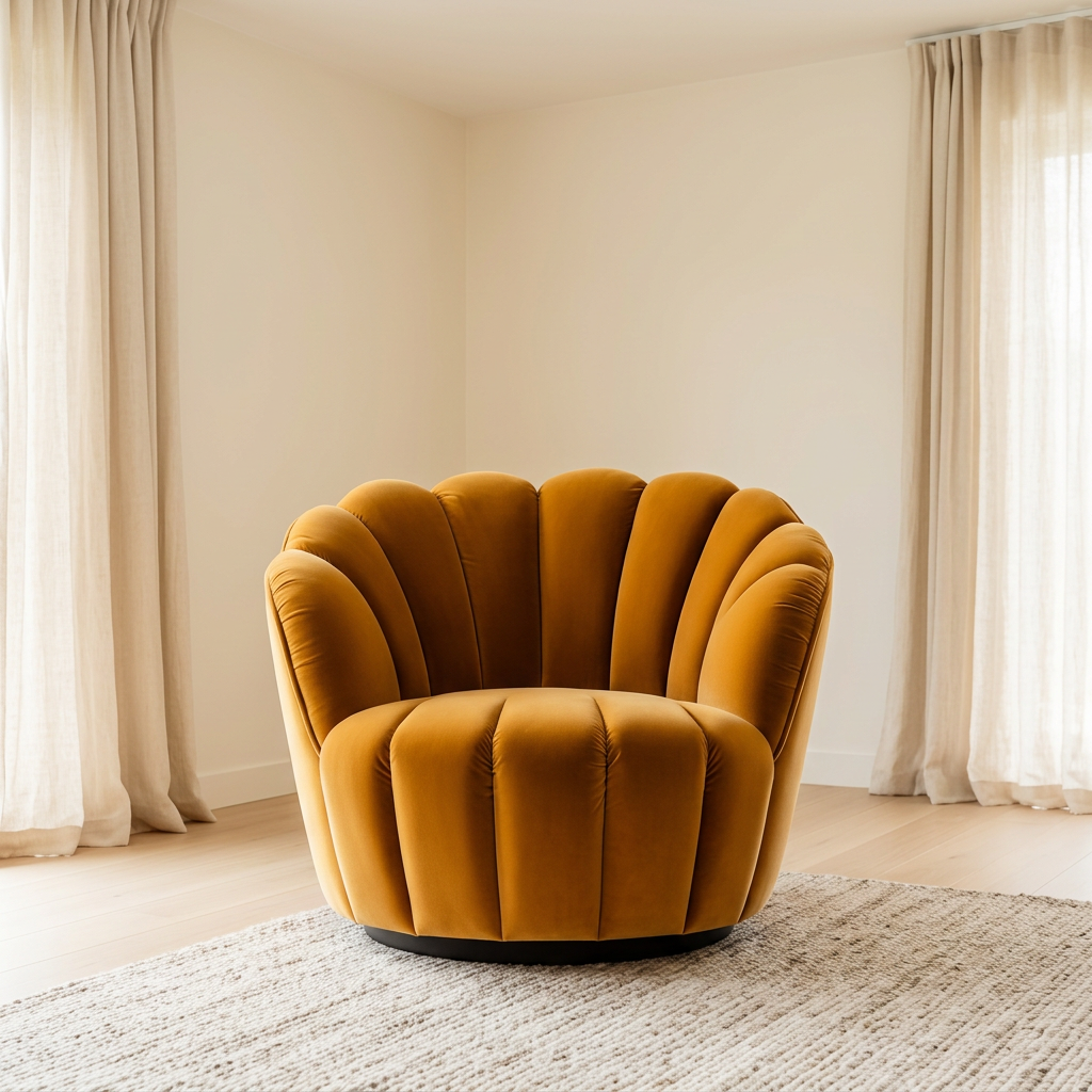 Iselle mustard velvet armchair, front view in a bright living room