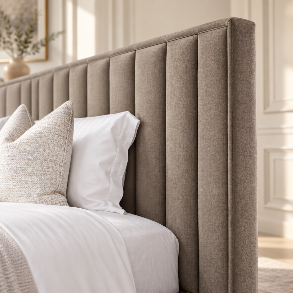 Tower bed extended headboard side and channel upholstery detail