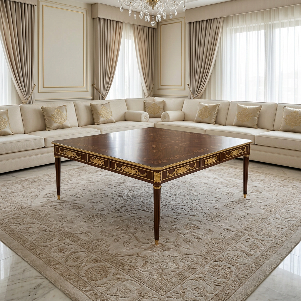 Wood and brass coffee table in a luxury majlis