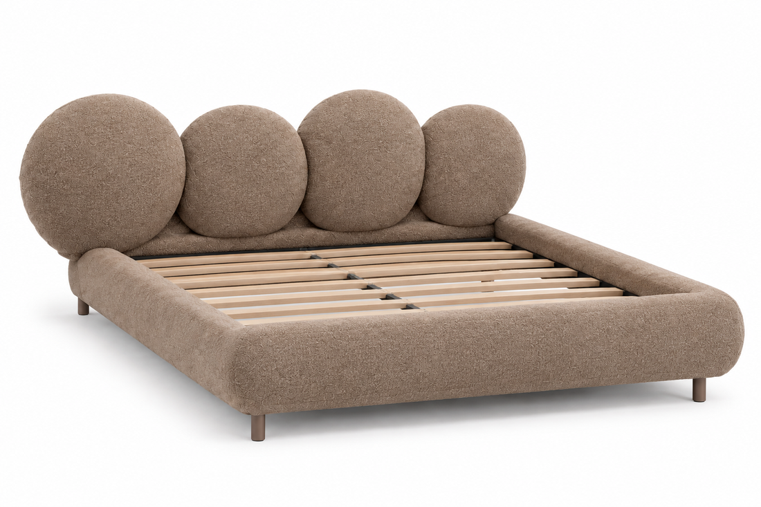 Mira Petal Bed light brown upholstered frame on white background