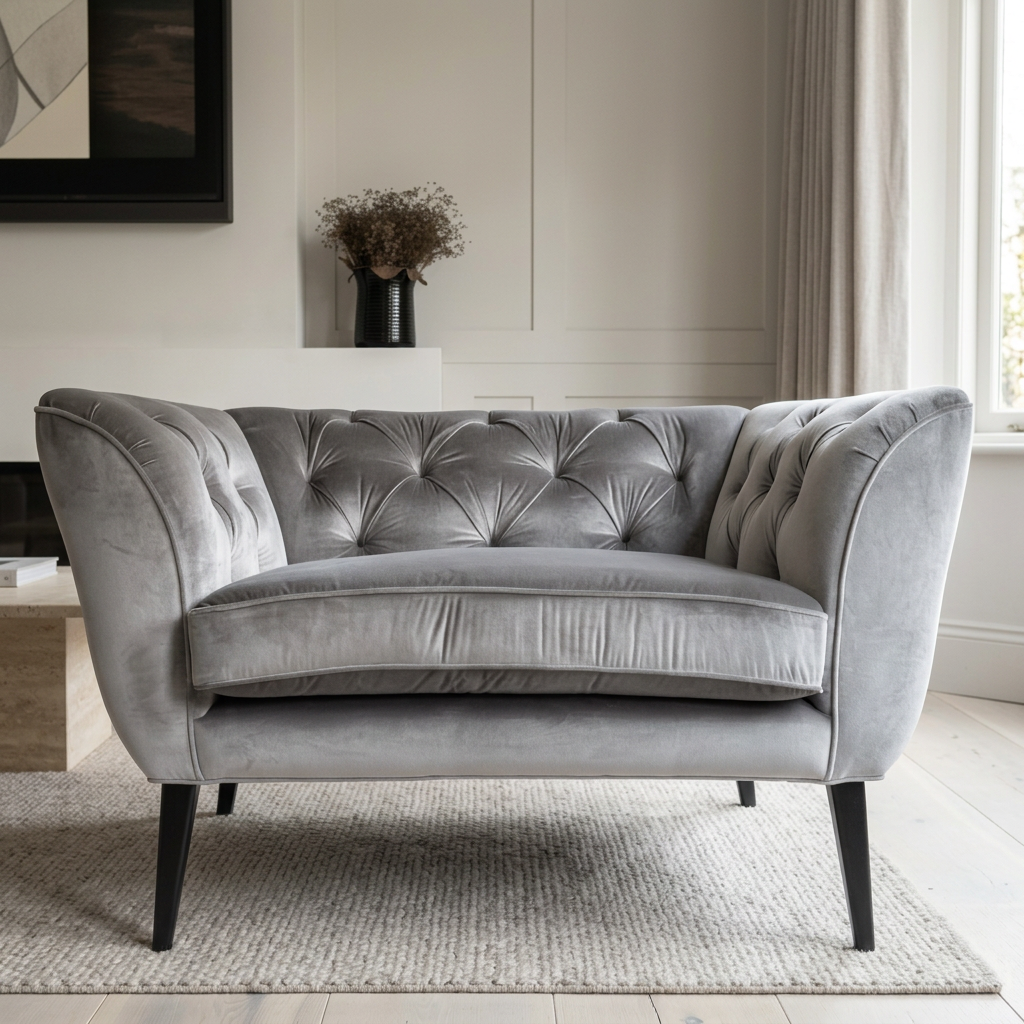 Brielle grey tufted armchair front view in a bright living room