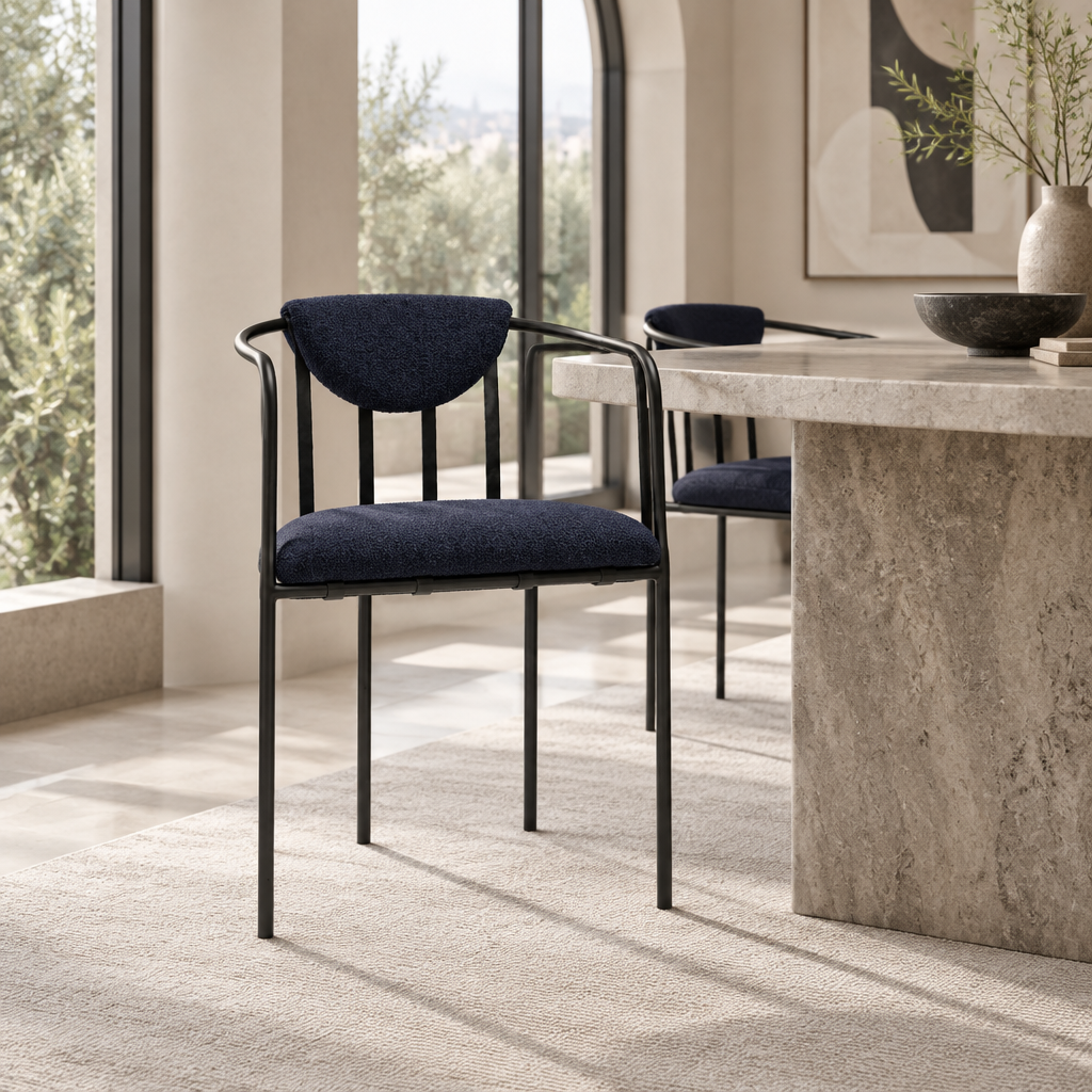 Orin armchair styled in a luxury modern dining room