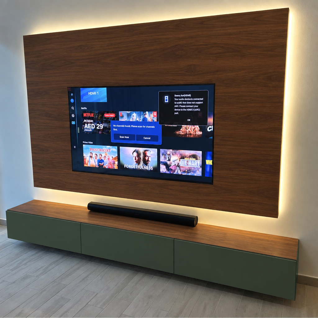 Brooklyn Bespoke TV Media Wall with walnut backing and forest green cabinets, angled view