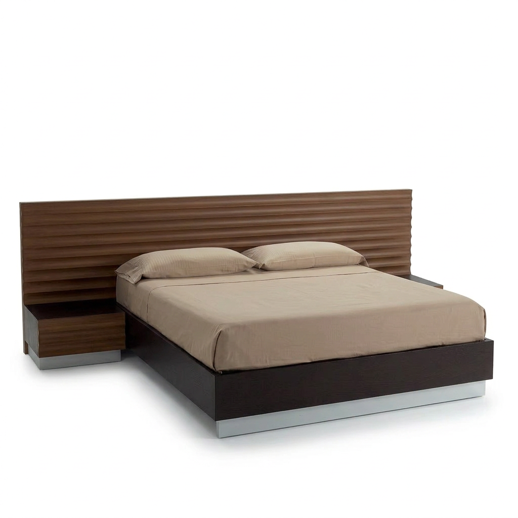 Riven bed with walnut-brown painted ridged headboard, angled view
