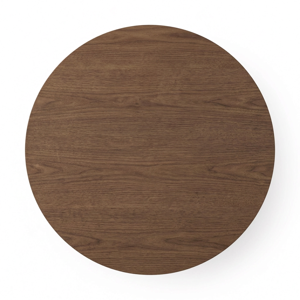 Orvella round walnut veneer dining table, overhead top view on white background