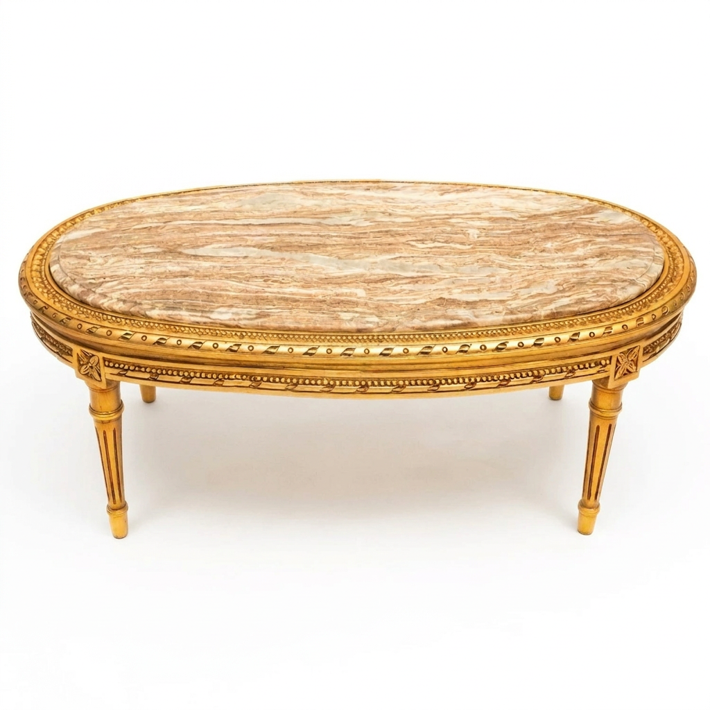 Avelcourt oval marble coffee table with gilded frame, front view on white
