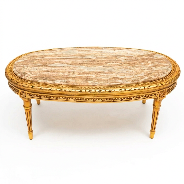 Avelcourt oval marble coffee table with gilded frame, front view on white
