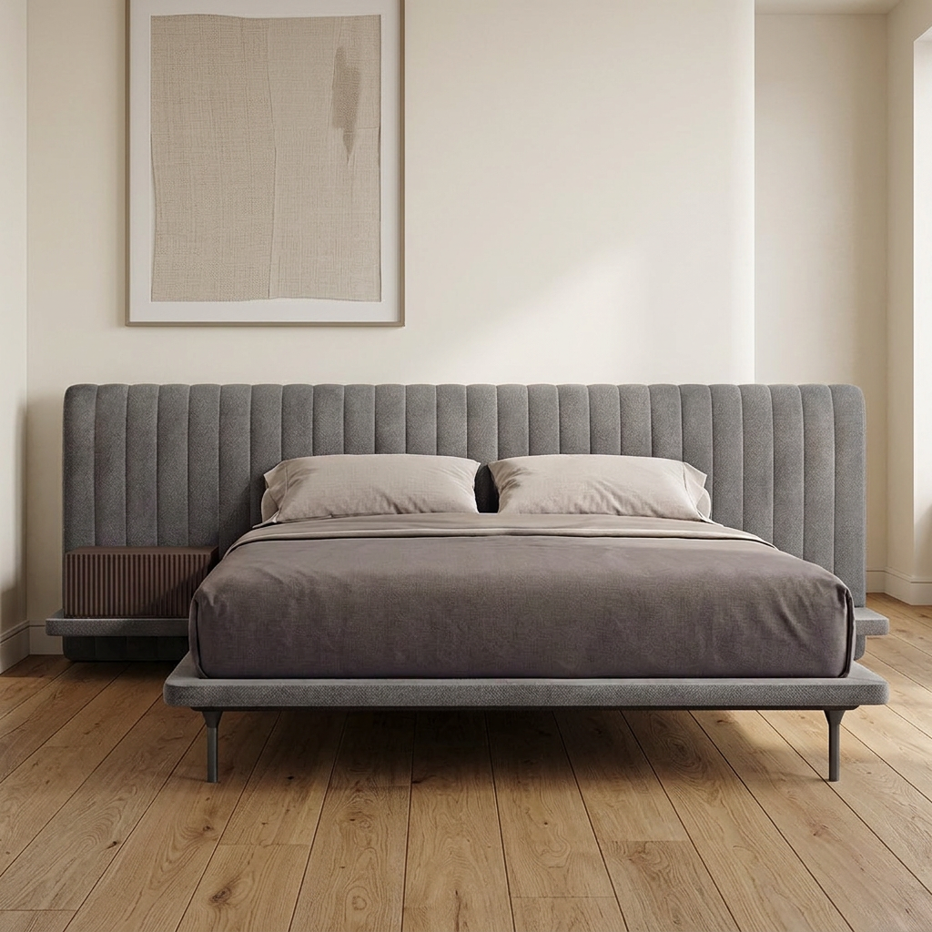 Avel gray channel-tufted bed in a contemporary bedroom