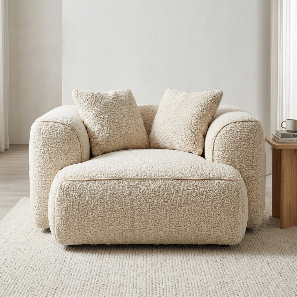 Front view of Avero cream upholstered armchair in a bright living room