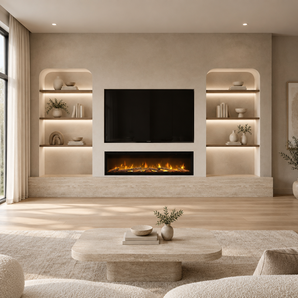 Verona Bespoke TV Media Wall in a modern living room with pale oak flooring and cream seating, front view