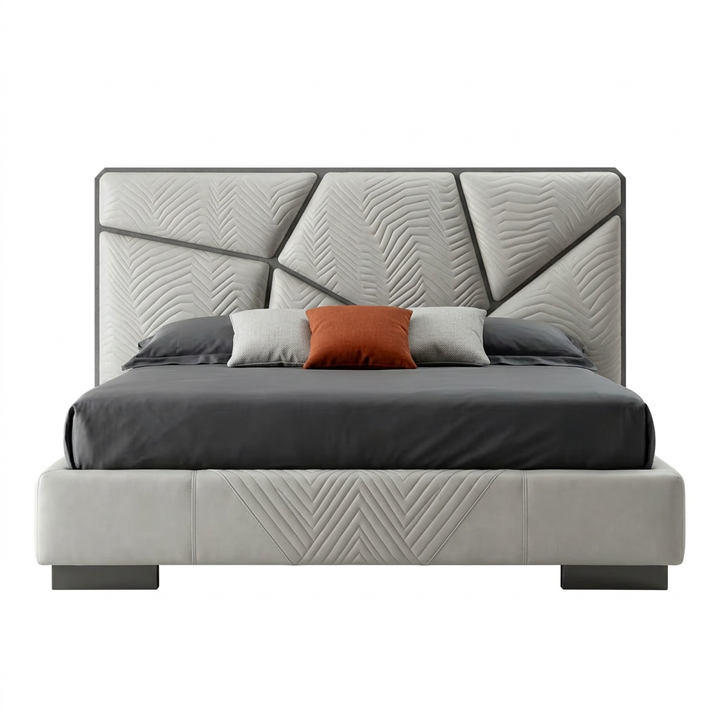 Virello gray geometric leather bed front view on white