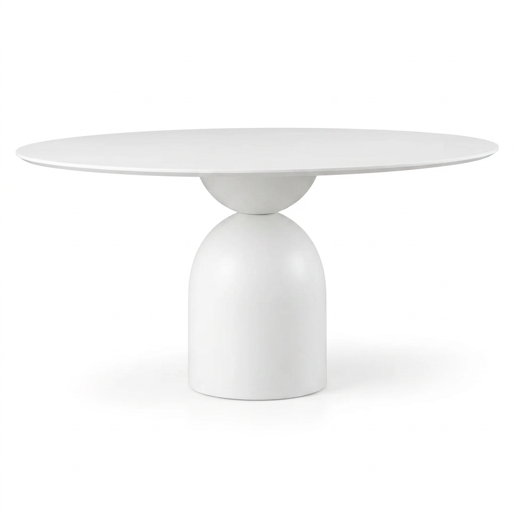 Avelis snow-white round dining table, front view