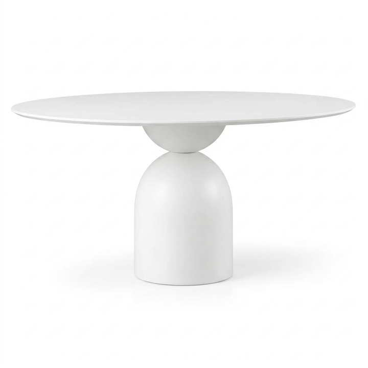 Avelis snow-white round dining table, front view