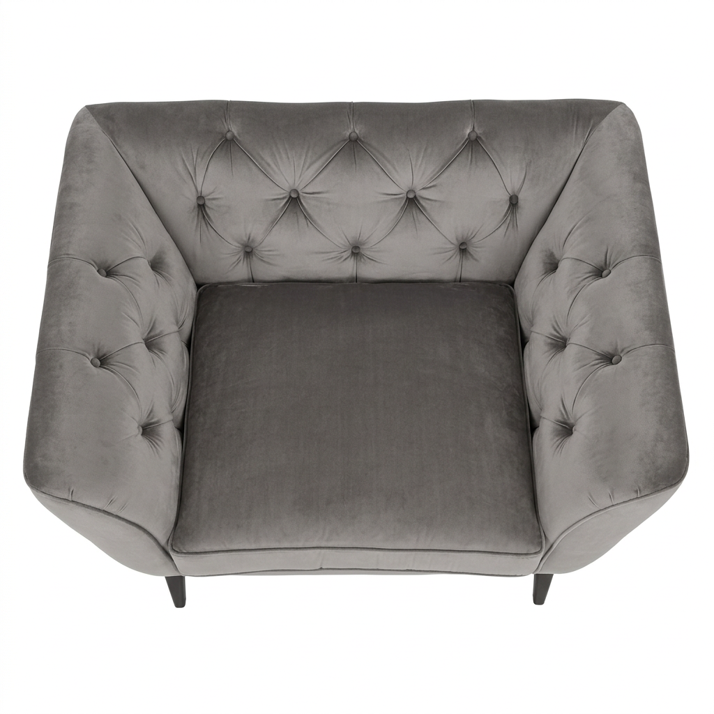 AI-reconstructed overhead view of Brielle grey tufted armchair