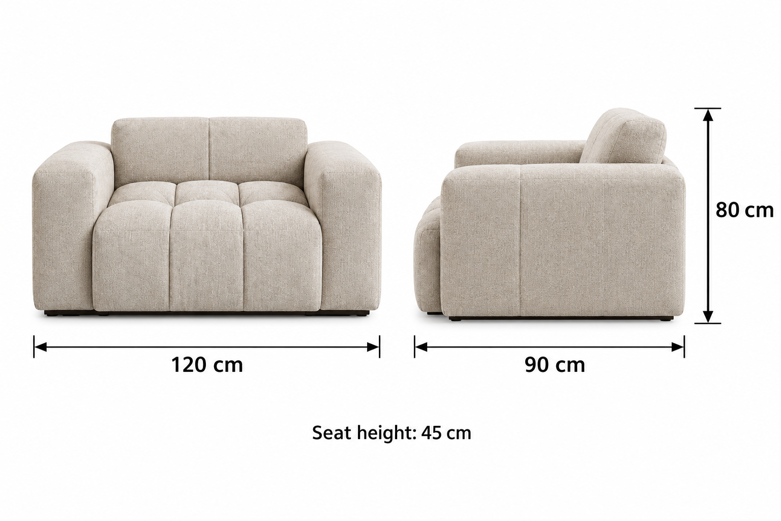 Oriana Tufted Chenille Arm Chair dimension lines: 120 cm wide, 90 cm deep, 80 cm high; seat height 45 cm