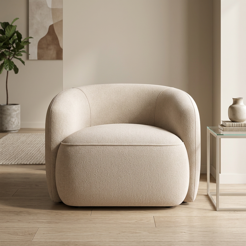 Remi warm beige bouclé armchair front view in a contemporary room