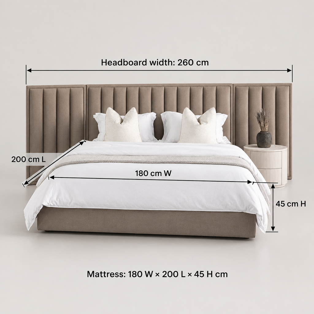 Tower bed dimensions: headboard width 260 cm; mattress 180 W x 200 L x 45 H cm
