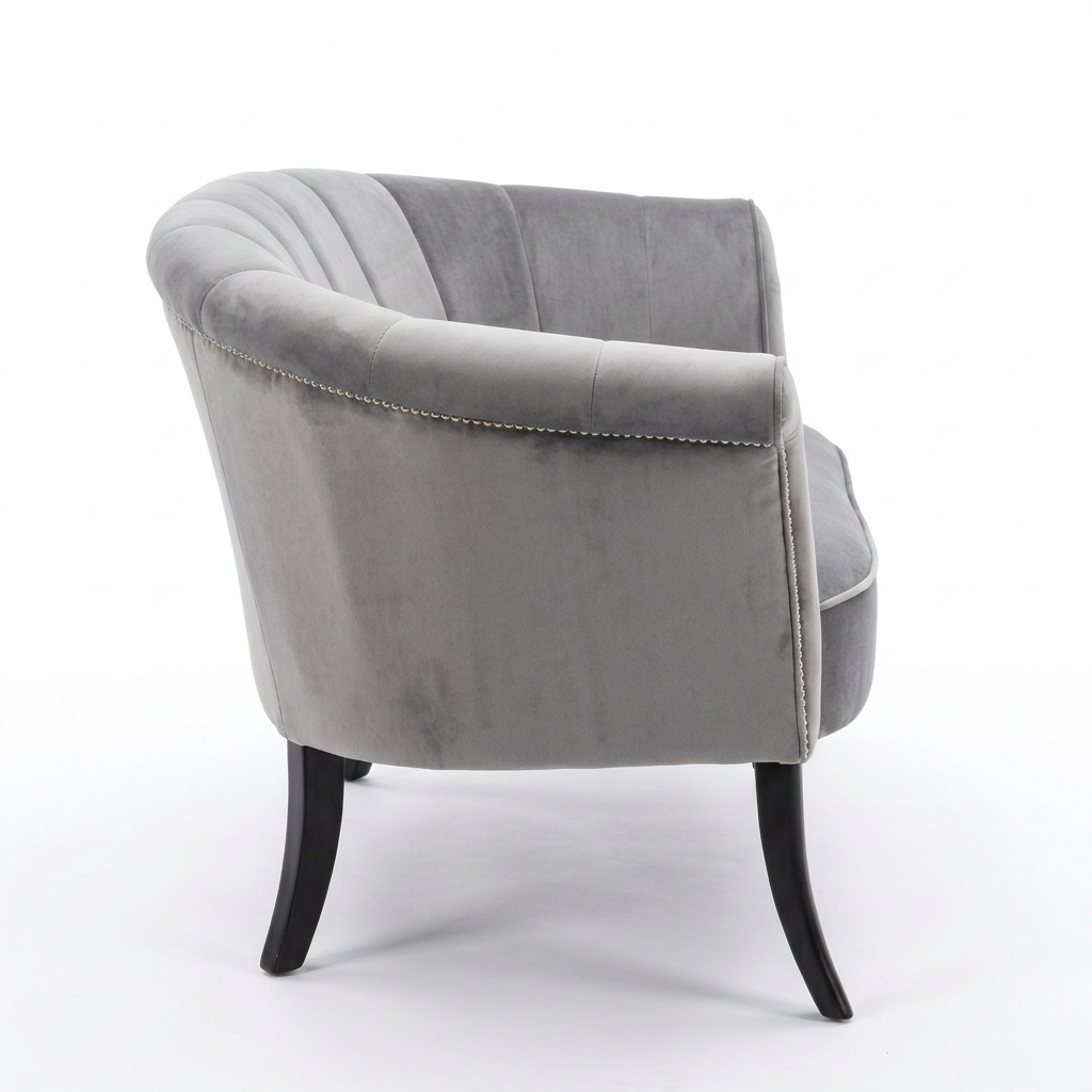 AI-reconstructed left-side view of Serelle grey channel-back armchair on white