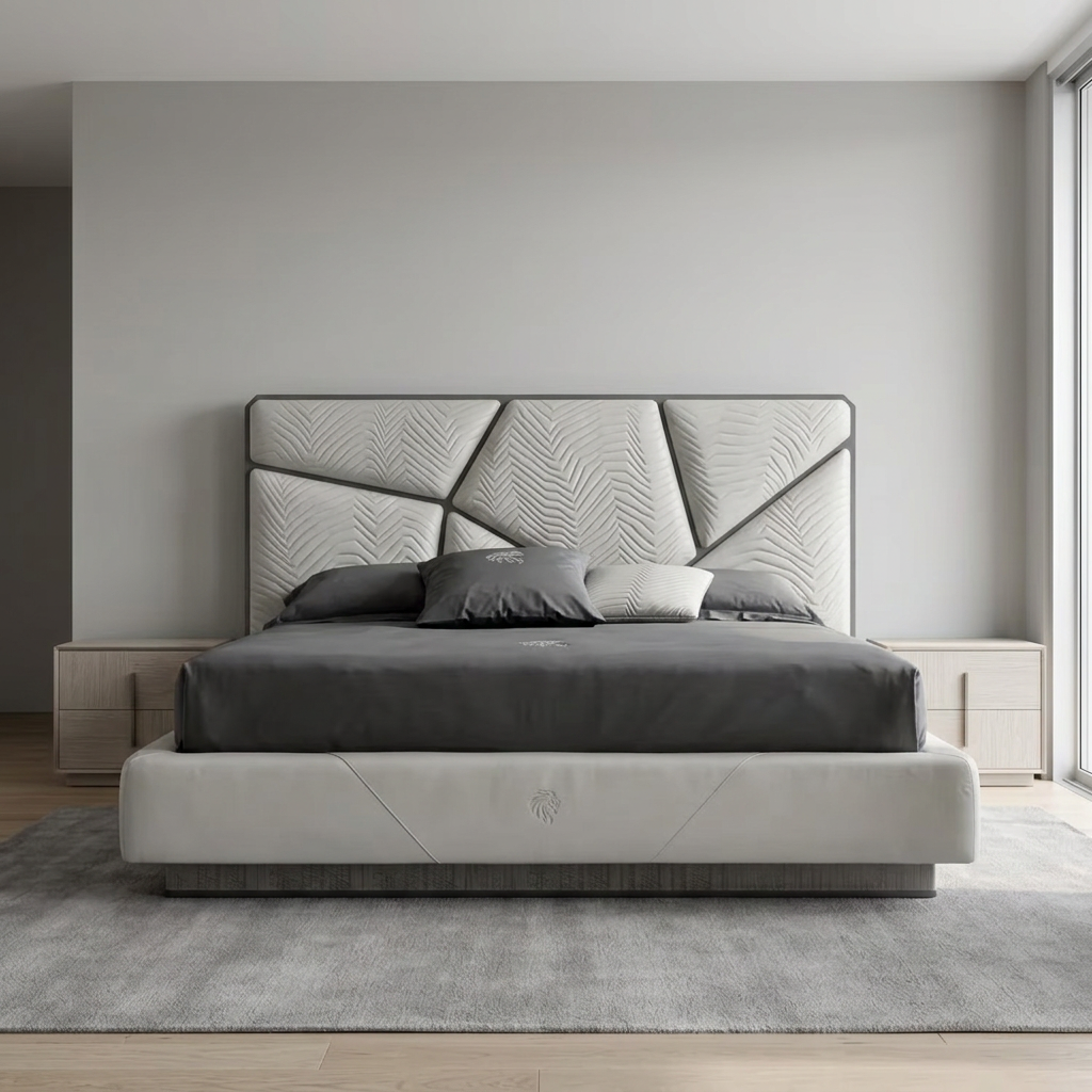 Virello gray leather bed front view styled in a bedroom